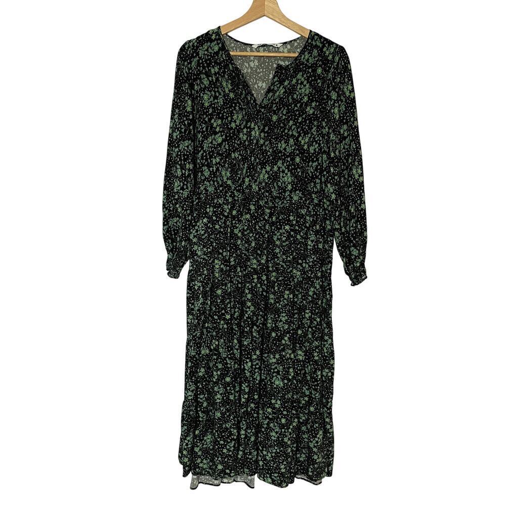 Zara green black M floral long sleeved maxi prairie flare dress button front